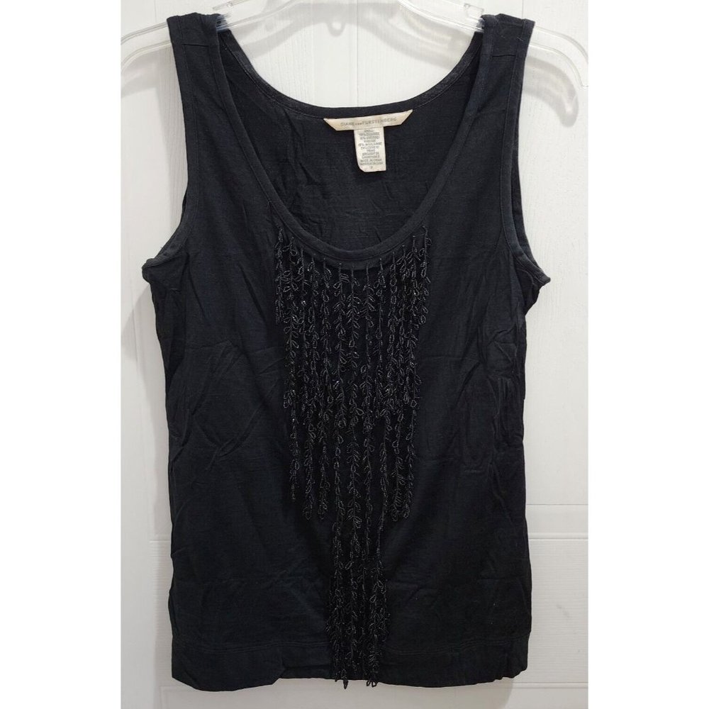 Diane Von Furstenberg Women's Sleeveless Top Beaded Tassel Silk Blend Black Sz P
